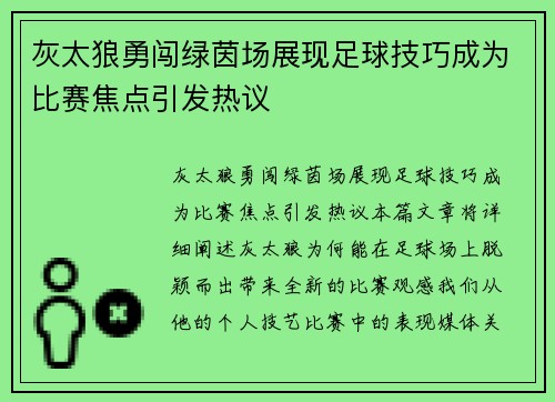 灰太狼勇闯绿茵场展现足球技巧成为比赛焦点引发热议