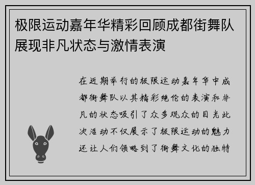 极限运动嘉年华精彩回顾成都街舞队展现非凡状态与激情表演