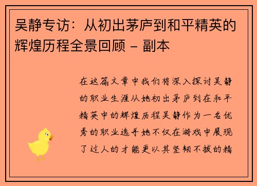 吴静专访:从初出茅庐到和平精英的辉煌历程全景回顾 - 副本